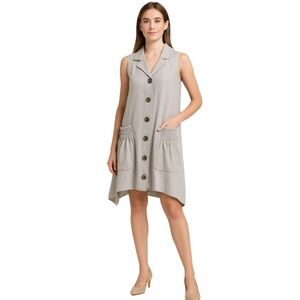 For Cynthia, Linen Blend Button Front Sharkbite Hem Dress, Size M